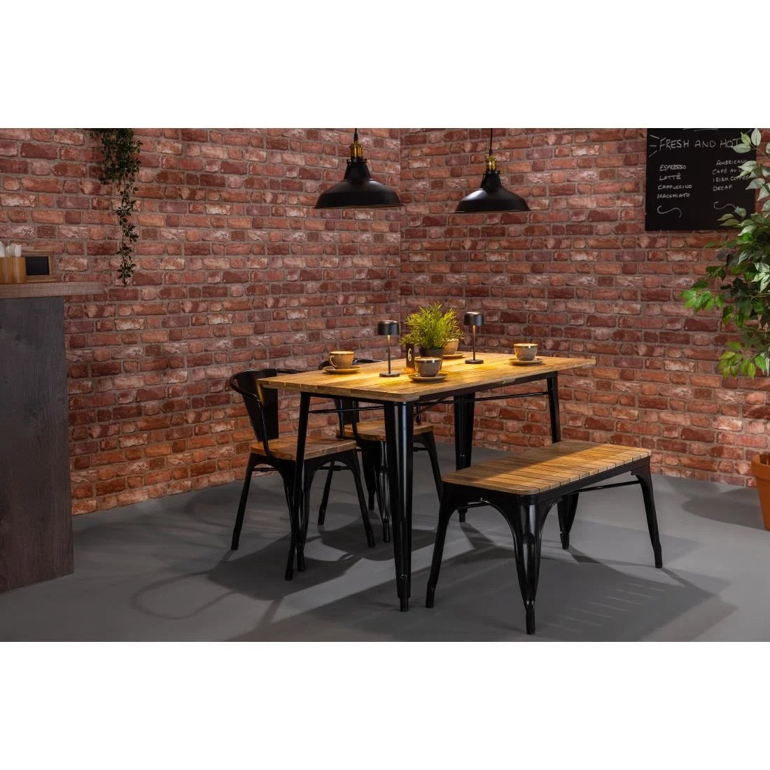 Bolero Bistro Indoor Bench Slatted Mango Wood & Black Frame 850mm (2 Pack)