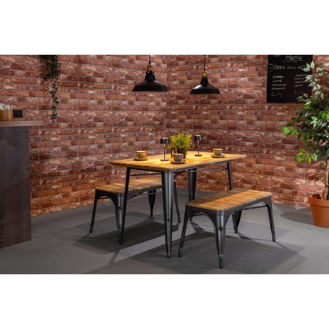 Bolero Bistro Indoor Bench Slatted Mango Wood & Gunmetal Frame 850mm (2 Pack)
