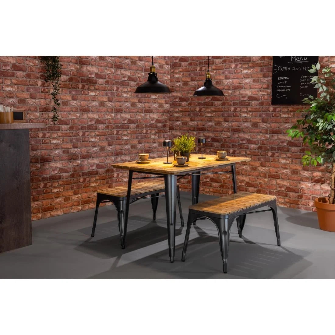 Bolero Bistro Dining Table Slatted Mango Wood Top Gunmetal 1200mm