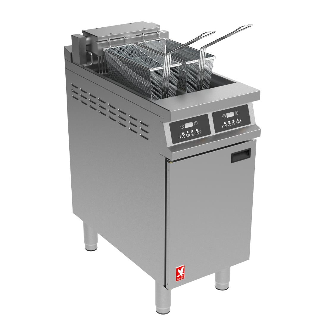 Falcon Dominator Plus E3845F2P Twin Pan Programmable Electric Twin Filtration Fryer on Feet