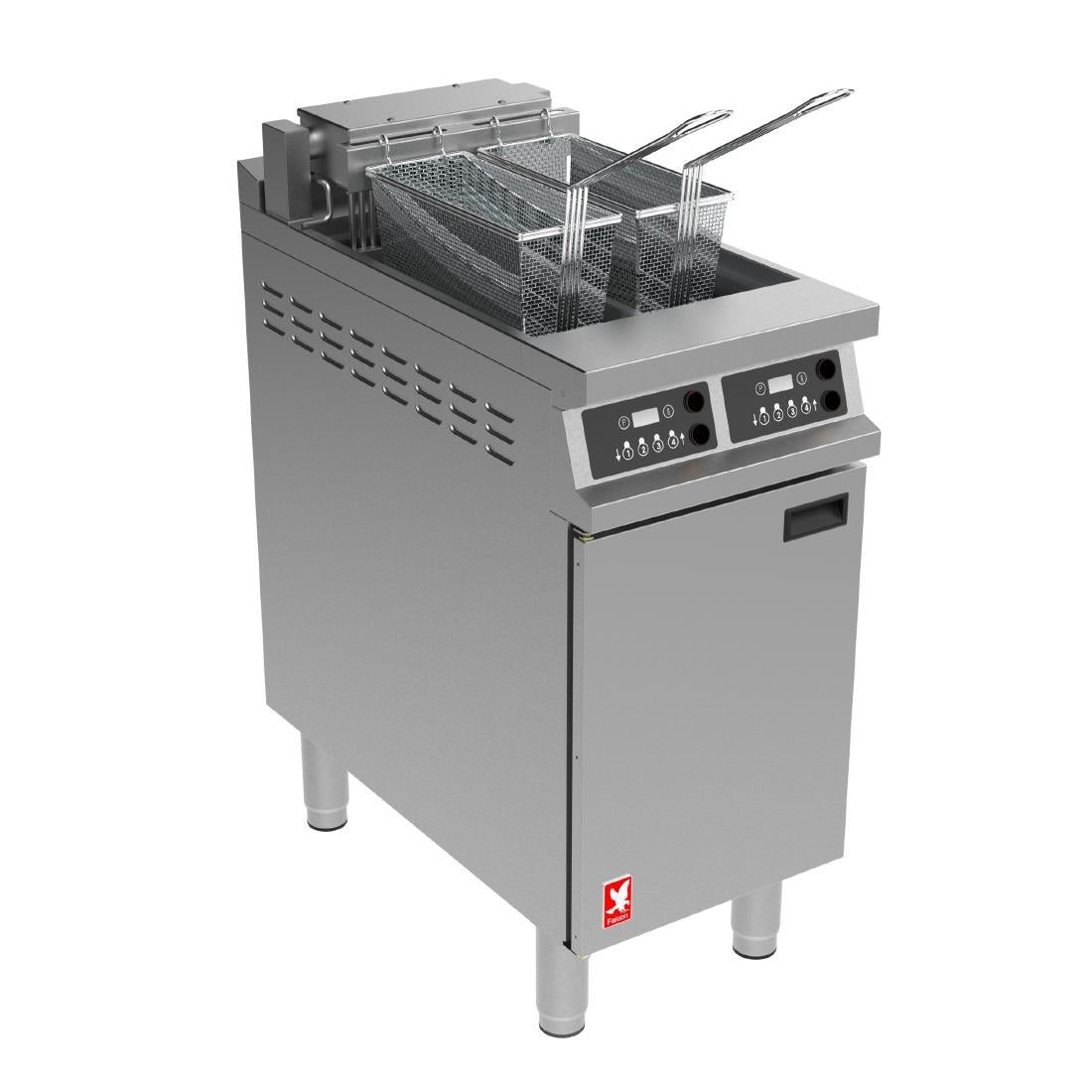 Falcon Dominator Plus E3845FXP Twin Pan Programmable Electric Filtration Angel Fryer on Feet