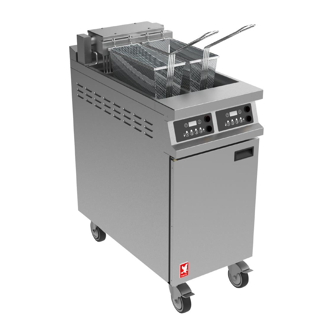 Falcon Dominator Plus E3845XP Twin Pan Programmable Electric Angel Fryer on Feet
