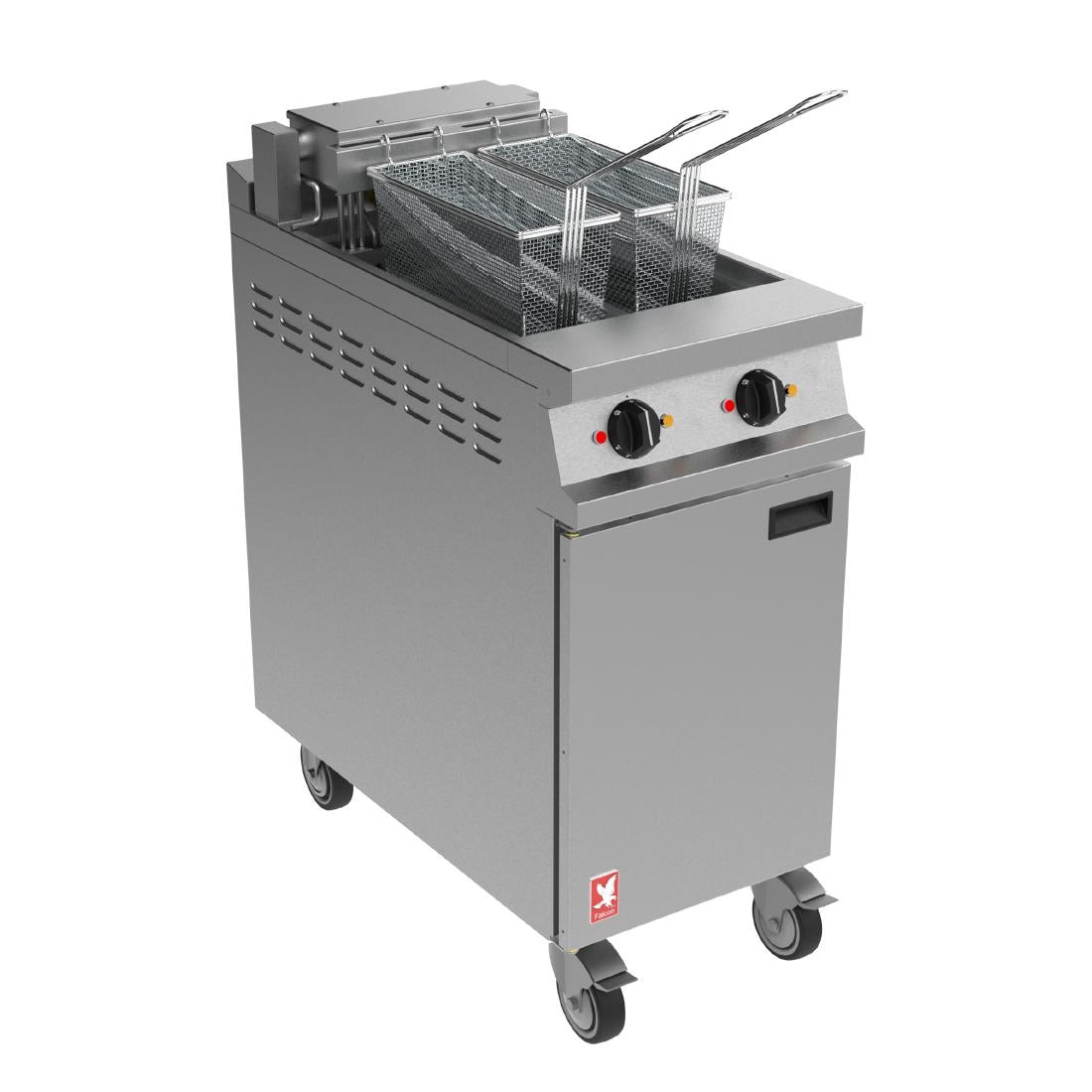 Falcon Dominator Plus E3845F Twin Pan Electric Filtration Fryer on Castors