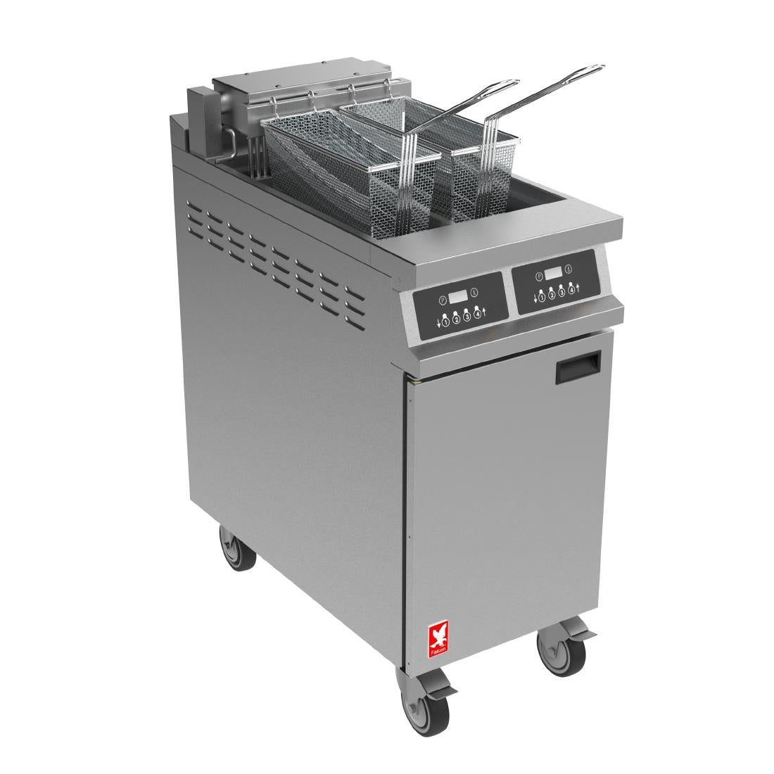 Falcon Dominator Plus E3845F2P Twin Pan Programmable Electric Twin Filtration Fryer on Castors