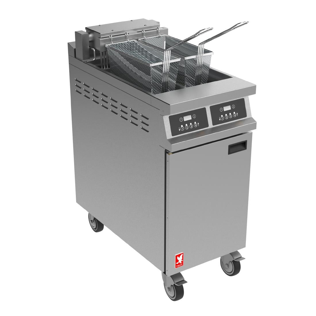 Falcon Dominator Plus E3845FP Twin Pan Programmable Electric Filtration Fryer on Castors
