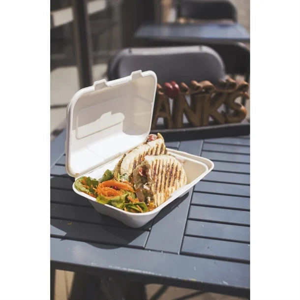Vegware Nourish Moulded Fibre Clamshell Takeaway Boxes 9x6" (200 Pack)