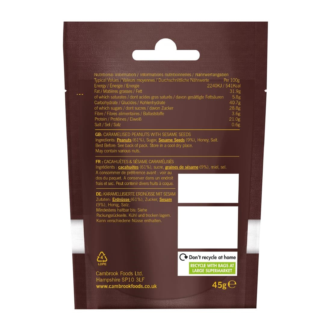 Cambrook Caramelised Sesame Peanuts Snack Pack 45g (12 Pack)