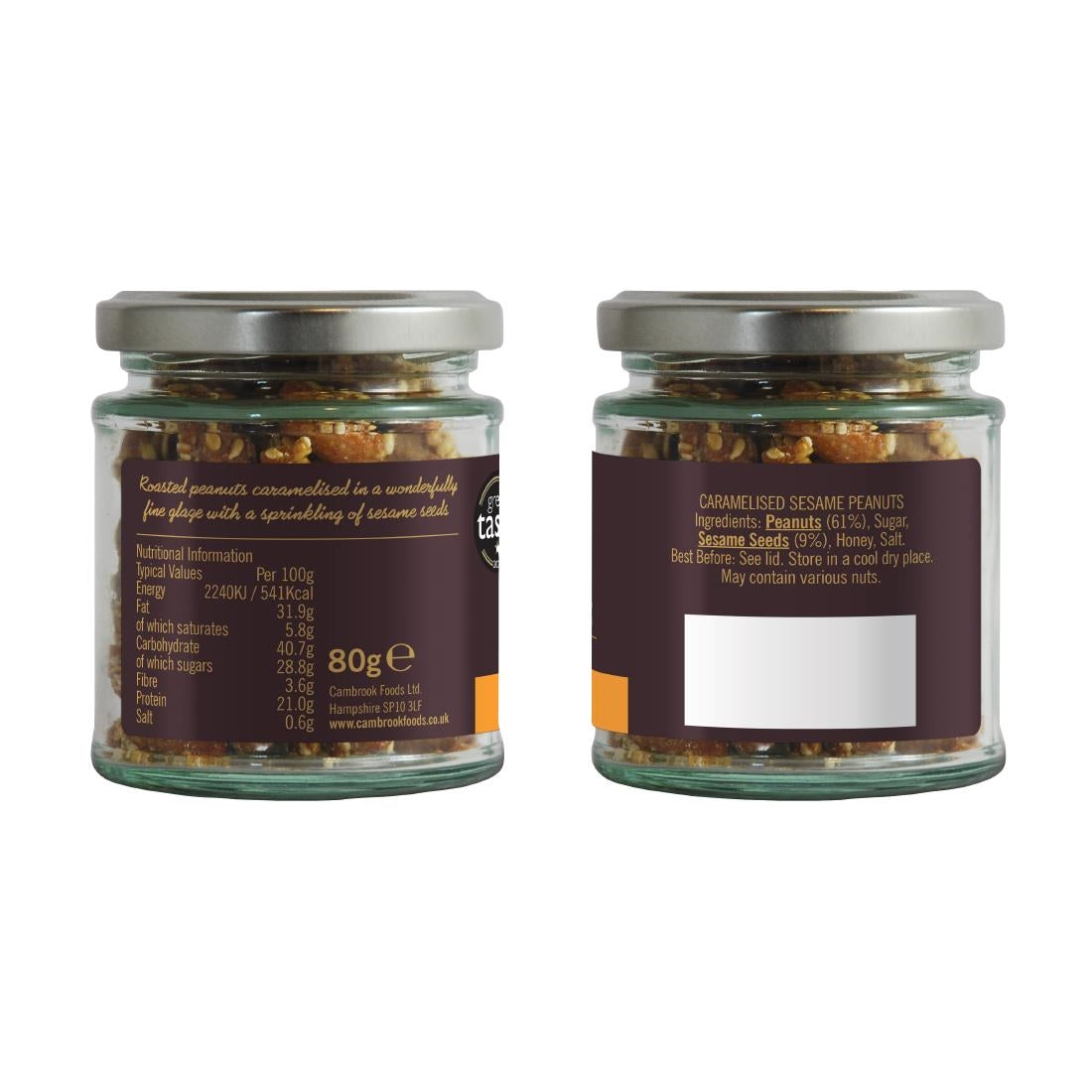 Cambrook Caramelised Sesame Peanuts Glass Jar 80g (15 pack)