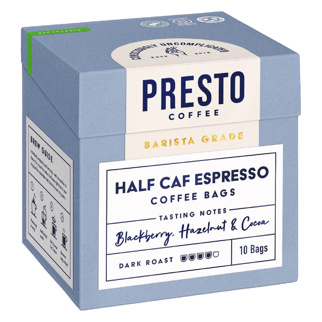 Presto Coffee Half Caf Espresso Coffee Bags Enveloped 8g (10 Pack)