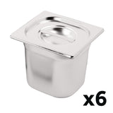 Vogue Stainless Steel Gastronorm Tray Set with Lids 1/6 (6 Pack)