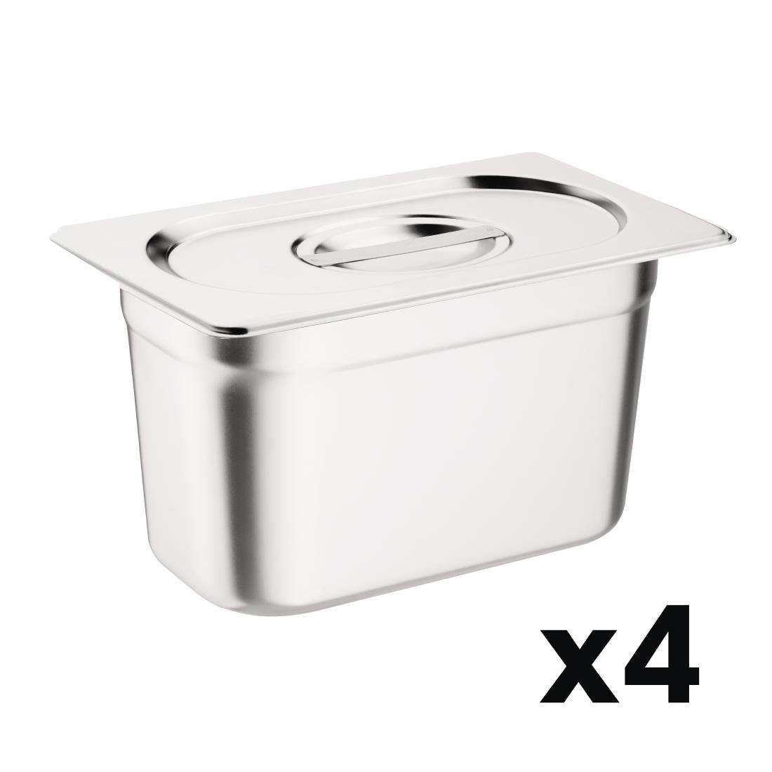 Vogue Stainless Steel 1/4 Gastronorm Tray Set with Lids (4 Pack)