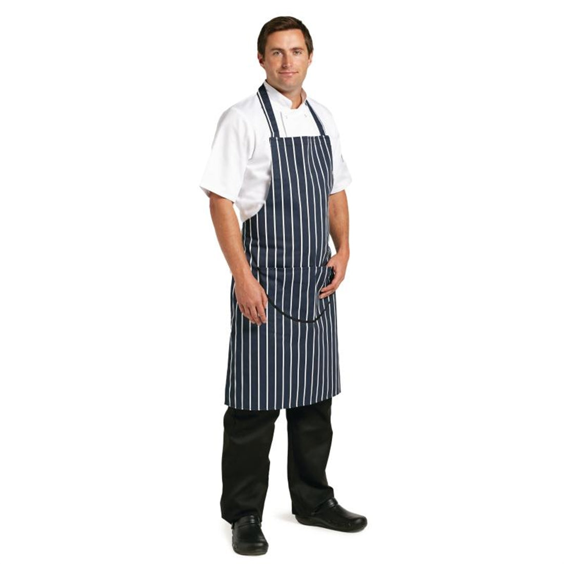 Whites Butchers Apron Navy Stripe with Pocket