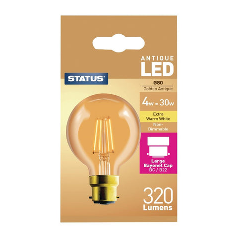 Status 320 Lumens Globe Golden Light Bulb Crystalite Antique LED G80 BC 4w