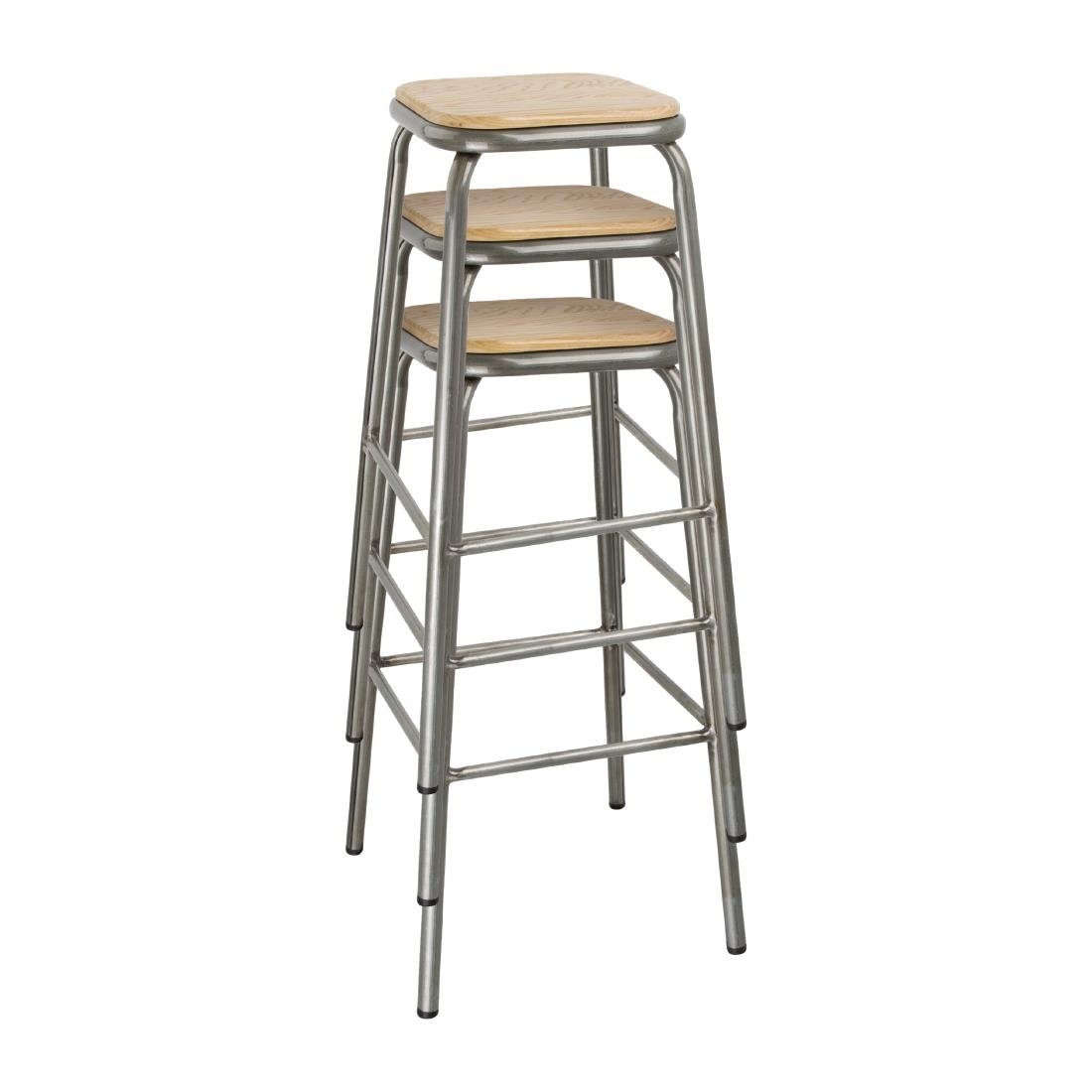 Bolero Galvanised Steel High Stools with Wooden Seatpad (Pack of 4)