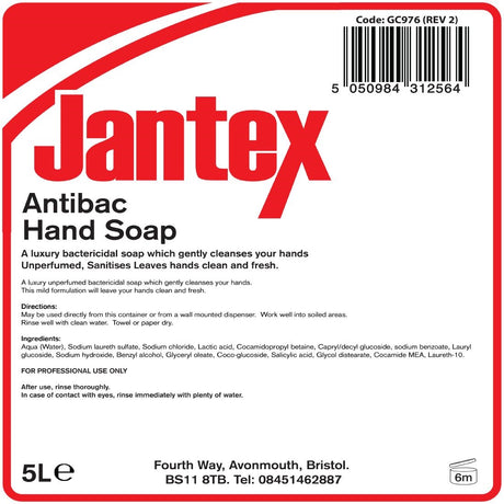 Jantex Unperfumed Antibacterial Liquid Hand Soap 5Ltr